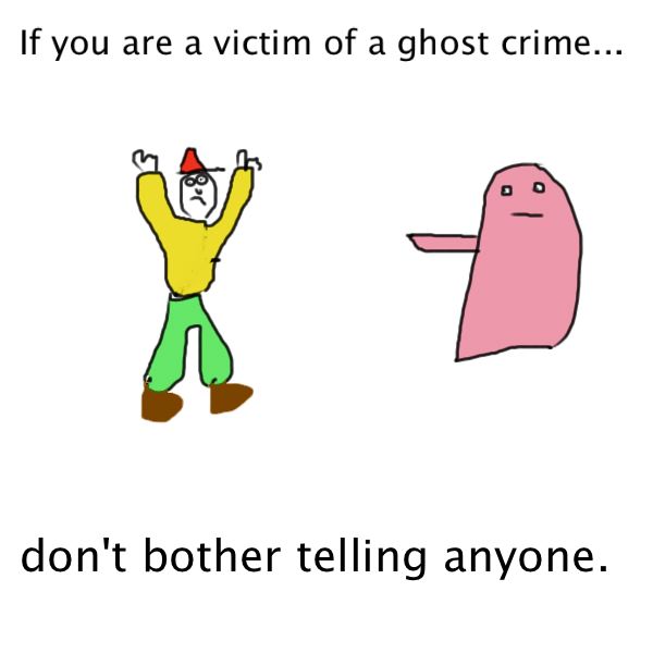 A pink ghosts points at a man with his hands up.