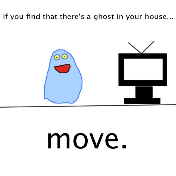 A blue ghost smiles as it watches a blank television.