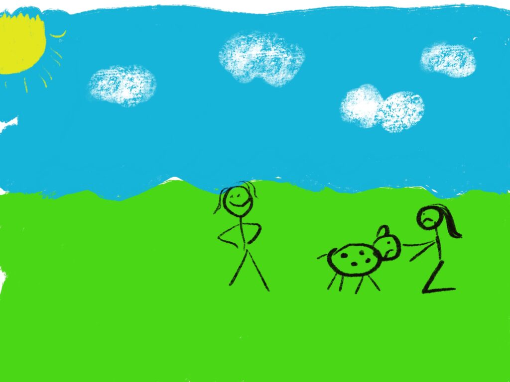 A poorly drawn image of Michael watching as Fran tends to a sick cow.