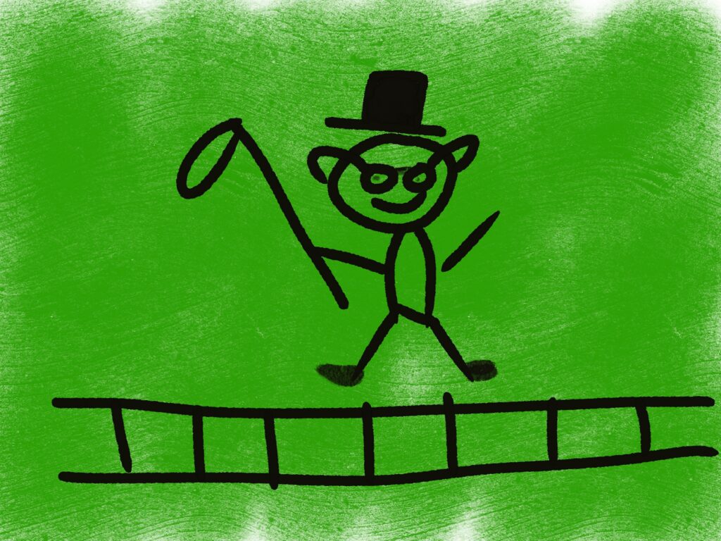 On a green background, a poorly drawn picture of Willie as a hobo stands in front of the train tracks.